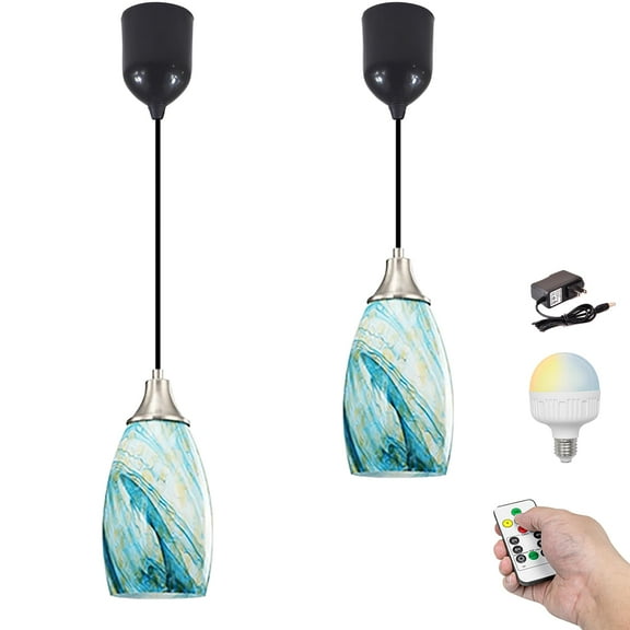 Kiven Battery Operated Pendant Light with Remote, Timer, Dimmable, Rechargeable Hanging Pendant Light Adjustable Height with Art Glass Globe for Bedroom Kitchen Reading Bar(Set of 2) Lake Blue