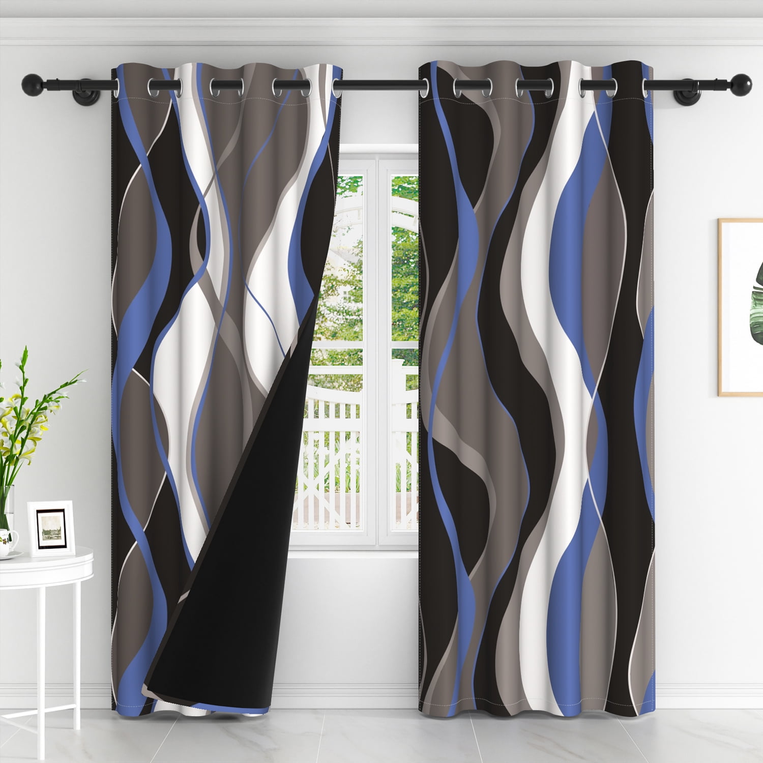 Lfeey Blackout Drapes 63 inch Long, Thermal Insulated Room Darkening Curtains, Blue Fluid Pattern, 2 Panels set