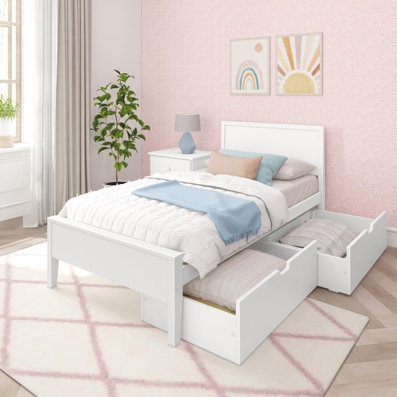 Max & Lily Twin Bed Frame with Storage Drawers, Solid Wood Platform Bed for Kids, White