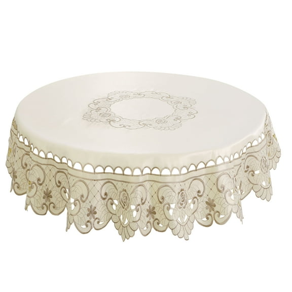 Light Beige Rose Flower Embroidered Table Cover Tablecloth Round Diameter 150cm