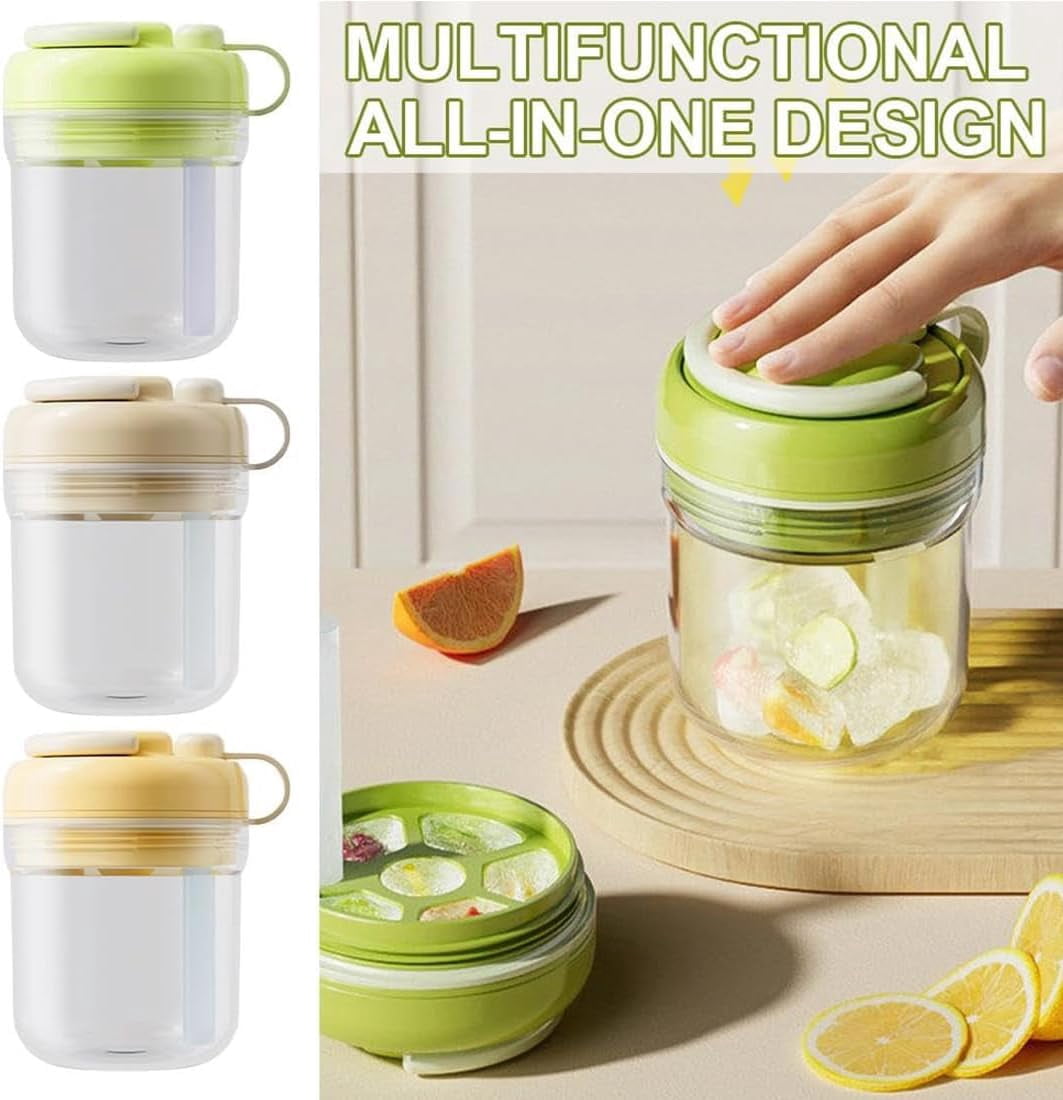 2-in-1 Ice Cube Bottle with Straw, Silicone Push-Release Ice Cube Cup, Touch-Free Press-to-Dispense Ice Tray for Iced Coffee, Cocktail, Whiskey & Juice, Home Office Outdoor