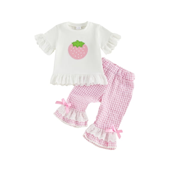 BemeyourBBs Kids Toddler Baby Girl Summer Clothes Little Girls Summer Strawberry Outfits Strawberry Embroidery Ruffle Short Sleeves T-Shirt and Elastic Plaid Flare Pants Set