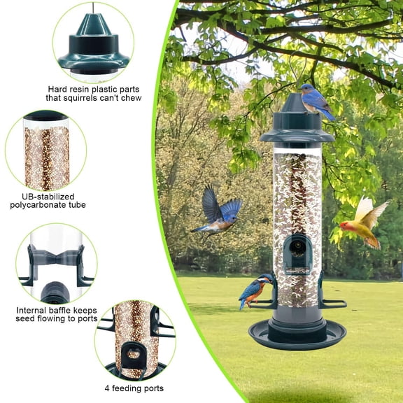 15 inches Bird Feeder, Tube Wild Bird Seed Feeder, Squirrel Proof Outdoor Hanging Bird Feeders with 4 Feeding Ports, Weatherproof, ABS Plastics