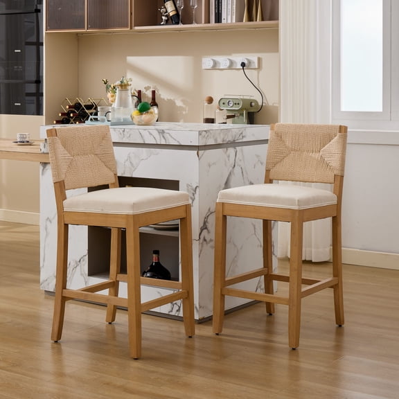 Garitin Bar Stool Set of 2 and Hand Woven Rattan Counter Stools, 27 Inch Seat Height with Linen Cushion for Kitchen Island, Beige
