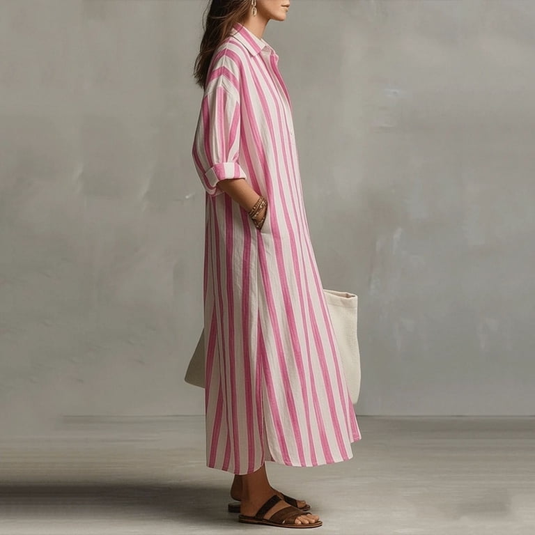 pink striped dress vertical Pink & Green Striped Puff Sleeve Maxi Dress Large
