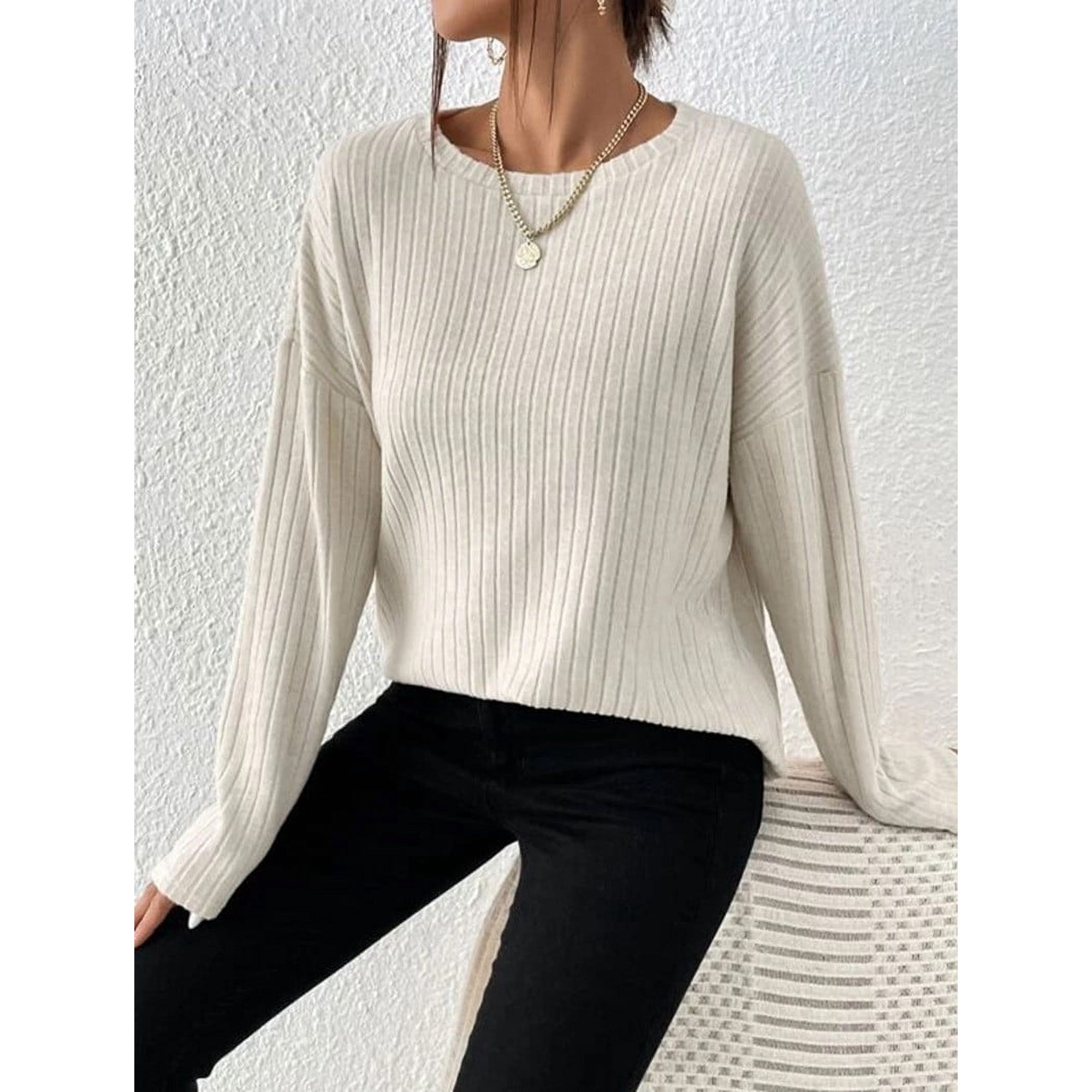Womens Solid Color Tunic Tops Long Sleeve Crewneck Sweatshirt Knit High Low Curved Hem T-Shirts Casual Loose Pullover
