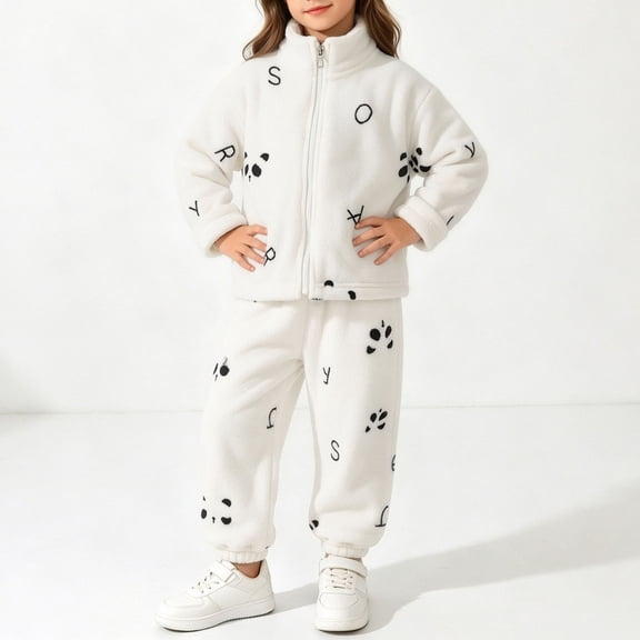 Amidoa Girls 2 Piece Outfits Fall Winter Clothes Print Zip Long Sleeve Top and Casual Pants Kids Clothing Sets Size White 1-2 Years