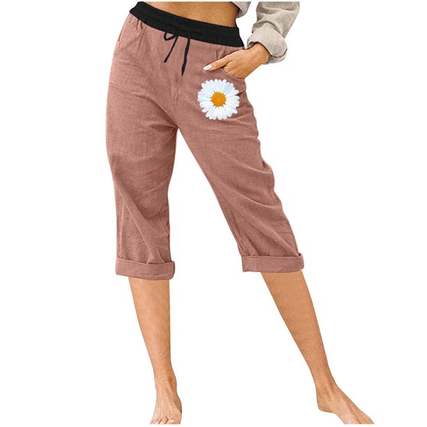 Pantalones Elásticos de Cintura para Mujeres Capris de Salida Casual Sólido con Bolsillos, Capris de Mujer para el Verano