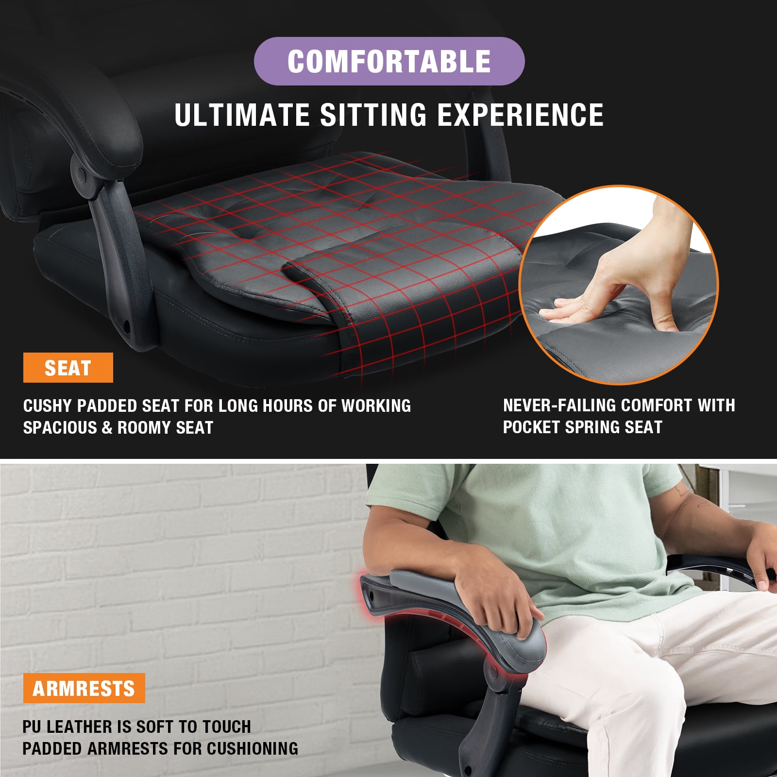 Big and Tall Executive Office Chair with Footrest, Ergonomic Reclining Swivel Computer Chair, High Back Home Office Chair with Lumbar Support, Height Adjustable, Padded Armrests, Rolling, Black