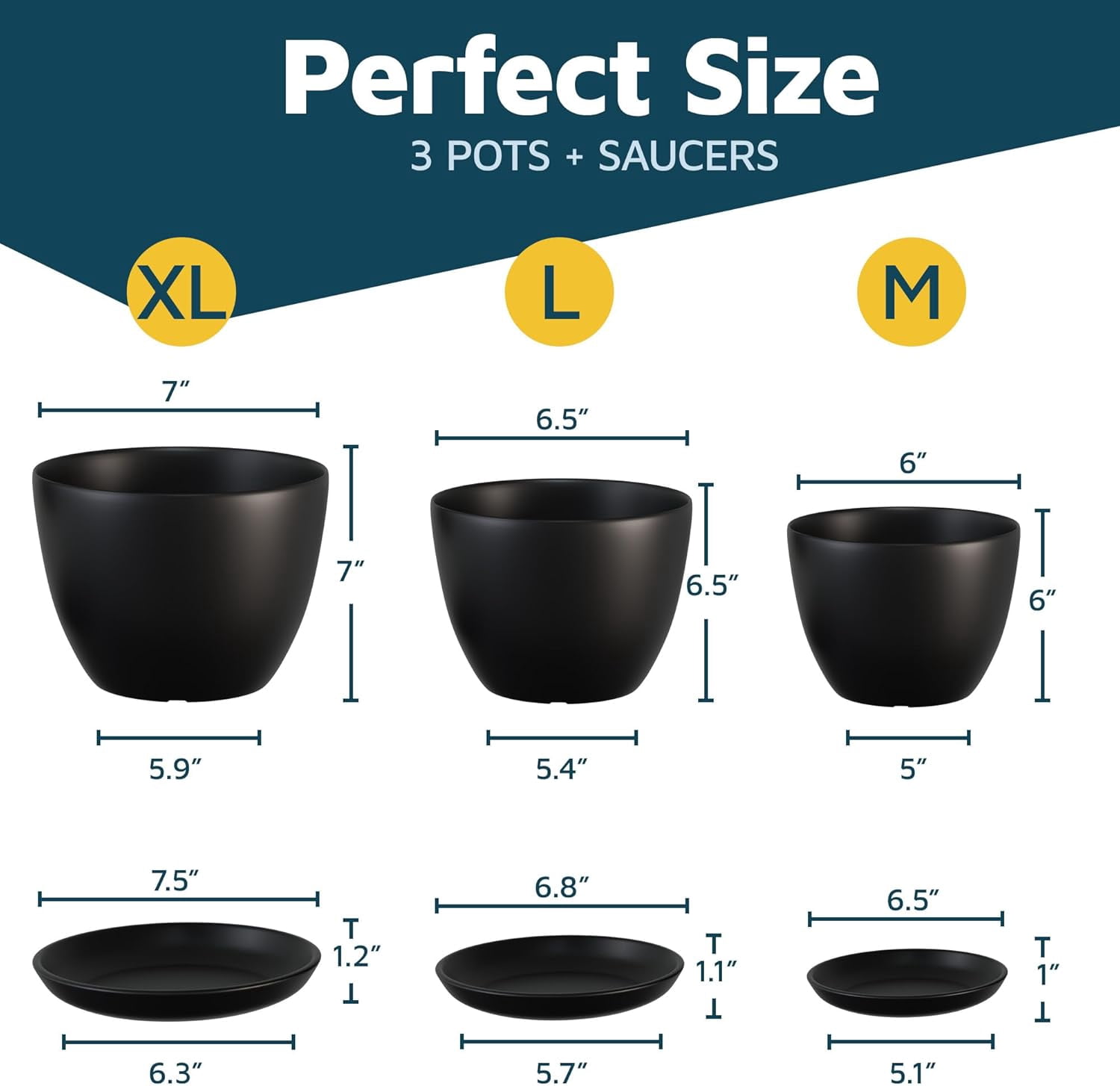 Black Plant Pots with Drainage Holes & Saucers 3 Packs, Indoor & Outdoor Stackable Plastic Planters in Multiple Sizes for Houseplants & Flowers, Durable & Weatherproof Materials, Matte Finish