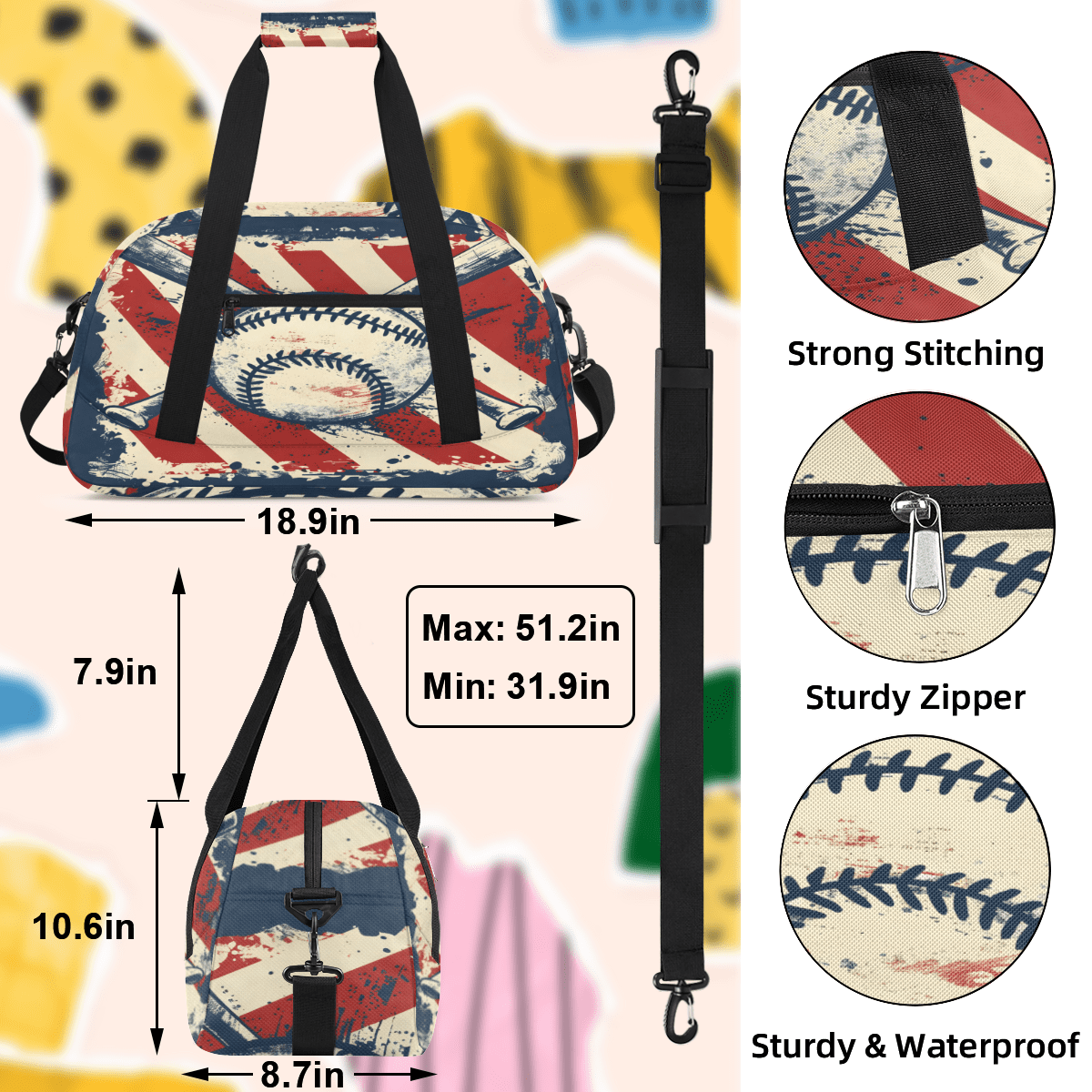 Herdesigns Baseball Ball Sports Sports Duffle Bag for Women & Men, Gym Bag Dance Bag Overnight Bag Carry On Weekender Travel Bag