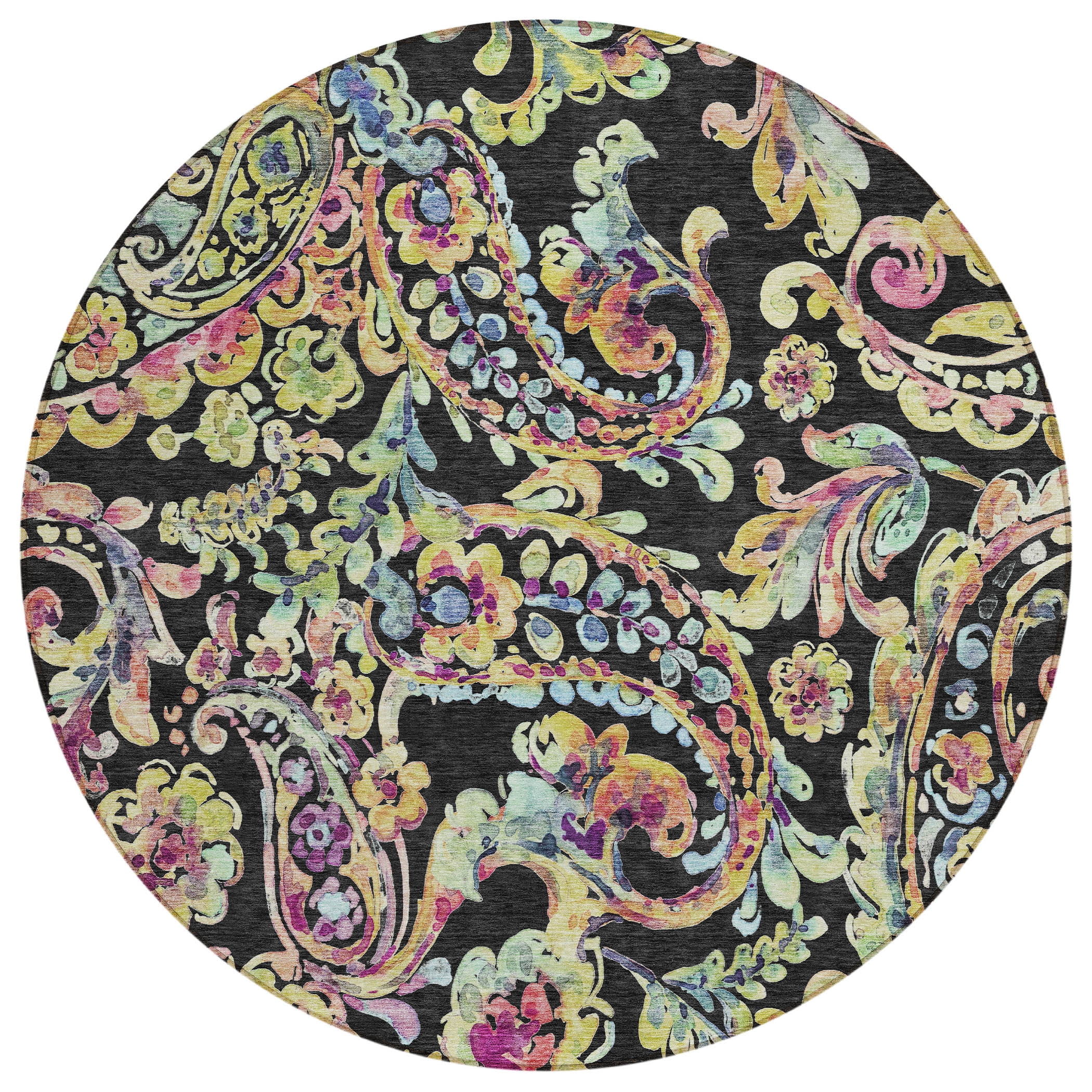 Addison Rugs Chantille Indoor/Outdoor Transitional Paisley Black Washable Round Rug, 8' x 8'