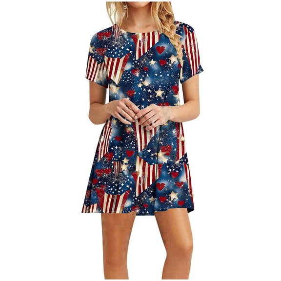 Cmfcve American Flag Star Mini Dress Short Sleeve Round Neck Stars Stripes Midi Dress Lightweight Bohemian Vacation Straight Dresses