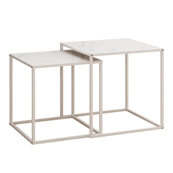 Square Nesting Coffee Table Set of 2, Modern Lightwood Metal Frame Center Side Coffee Table for Living Room Patio Bedroom Small Spaces White