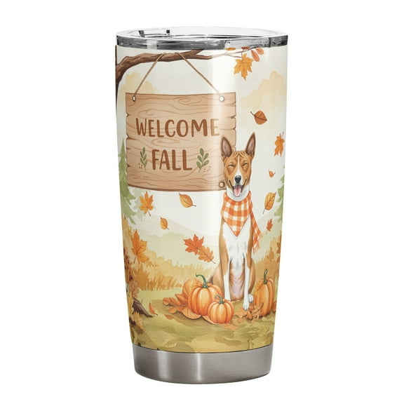 Welcome Fall Basenji Cozy Autumn Field Pumpkins Golden Leaves 20oz Stainless Steel Tumbler Insulated Cup with Lid African Barkless Dog Lover - 12013