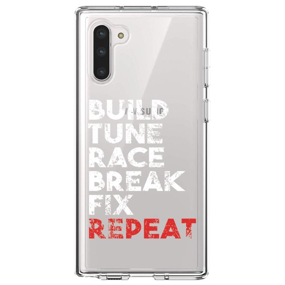 DistinctInk Clear Shockproof Hybrid Case for Samsung Galaxy Note 10 (6.3" Screen) - TPU Bumper Acrylic Back Tempered Glass Screen Protector - Build Tune Race Break Fix Repeat