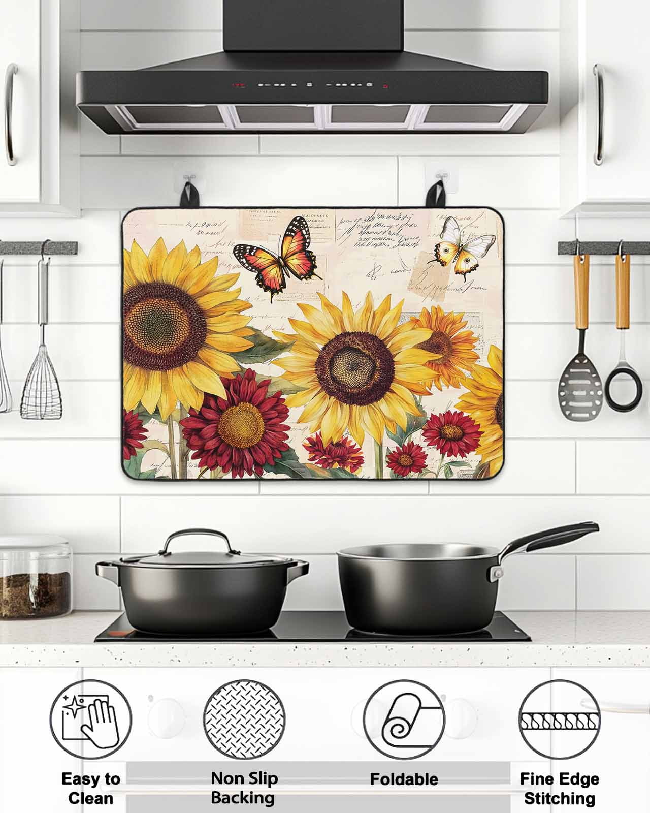 Stove Top Covers for Electric Stove, Sunflower Glass Stovetop Cover Protector, Farmhouse Rose Floral Vintage Butterfly Induction Cooktop Protector Oven Mat for Kitchen Countertop 24"x21"