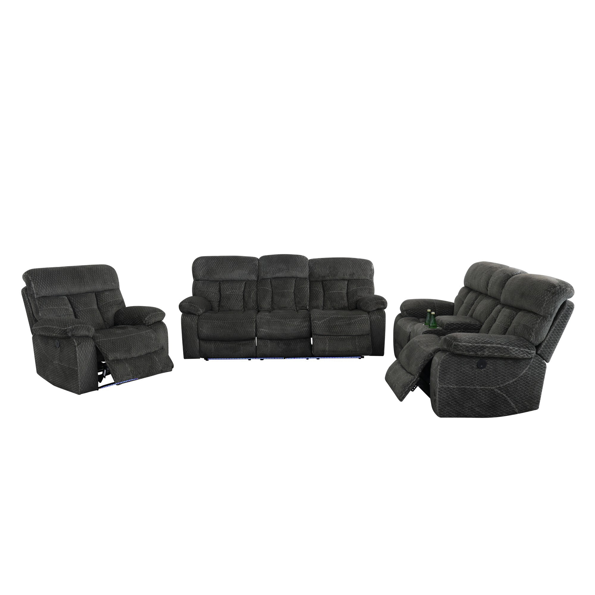 Gewnee 1+2+3‑Piece Power Recliner Sectional Sofa Set, Flock Upholstered Couch with Center Console Cup Holders, LED Ambient Light & USB Port for Living Room, Grey