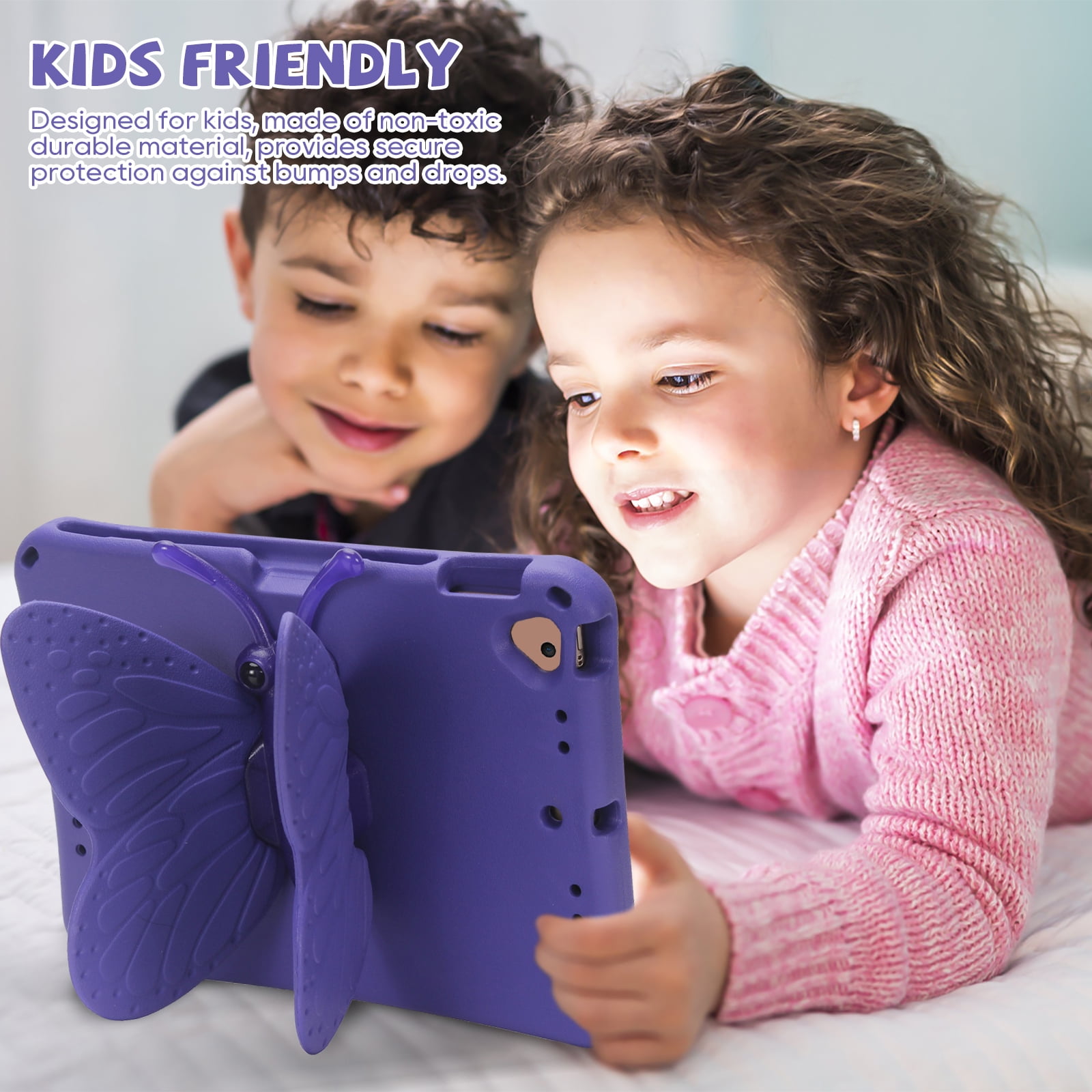 Kids Case for Apple iPad 9th 8th 7th Generation 2021/2020/2019 10.2 Inch, iPad Air 3rd Gen 10.5" Case, Cute Butterfly Rotating Stand Lightweight Kids Friendly Shockproof Case with Pencil Holder,Purple