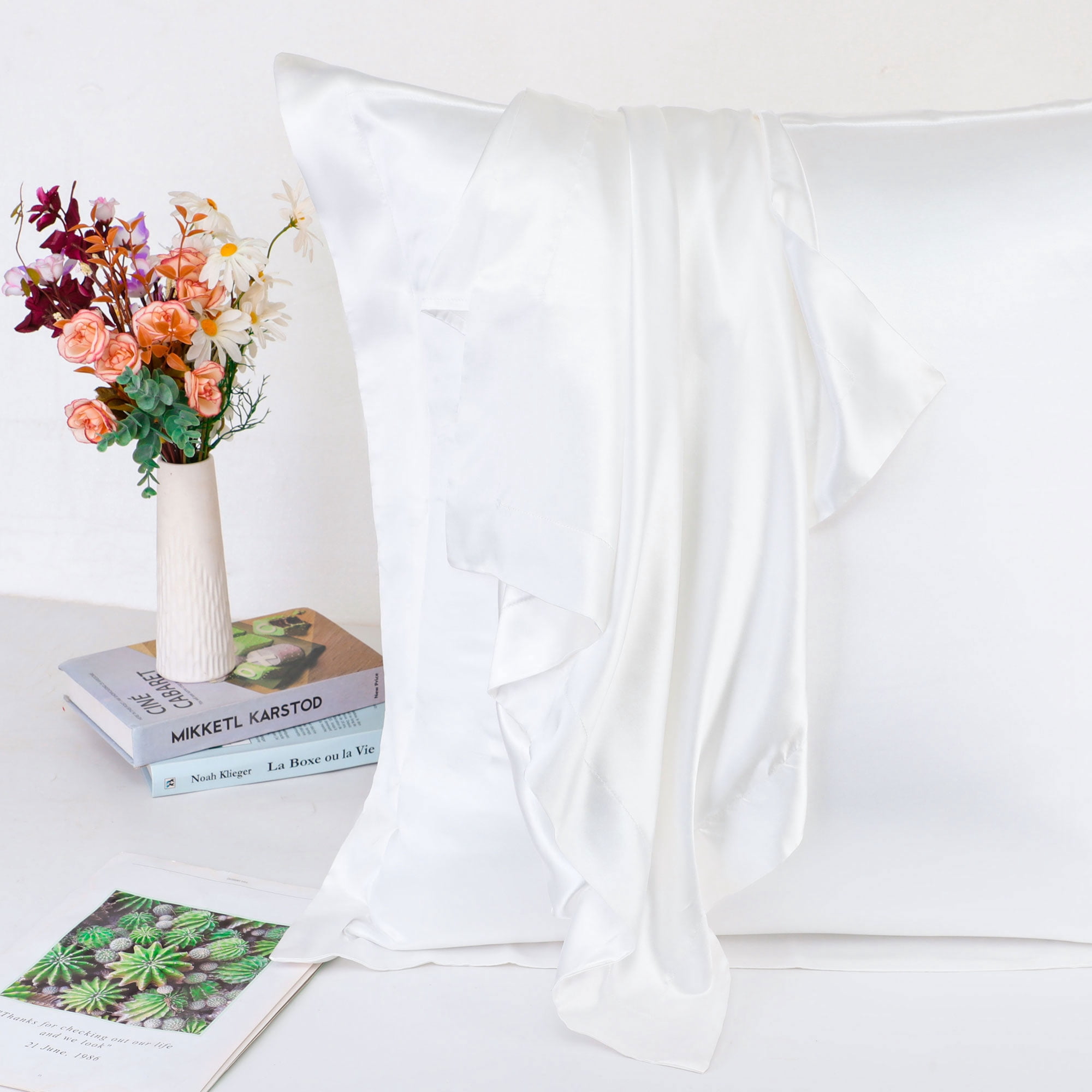 Unique Bargains Retro Satin Ruffle Pillowcases 2Pack with Envelope White 26"x26"