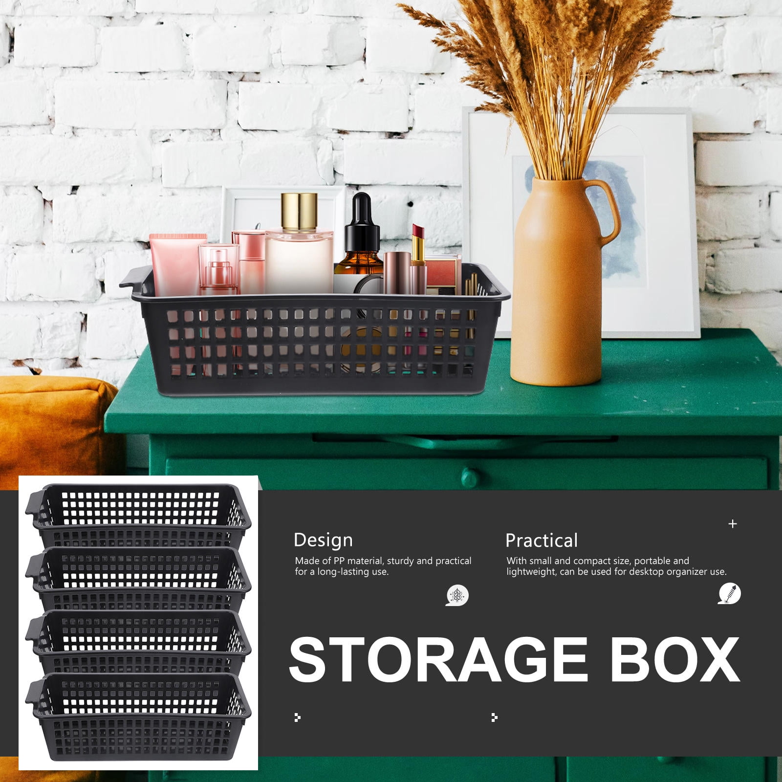 UPOUART Set of 4 Slim Black Storage Baskets with Handles, PP Plastic for Kitchen, Bathroom, Bedroom Organization