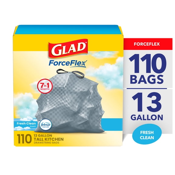 Glad ForceFlex 13-Gallon Drawstring Tall Kitchen Trash Bags, Febreze Fresh Clean Scent, 110 Bags