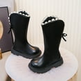thumbnail image 3 of Girls Winter Boots Sweet Lace Fringe Bow MId Calf Riding Booties Side Zipper Round Toe Stitching Leather Long Boots Black 3 Big Kid, 3 of 5