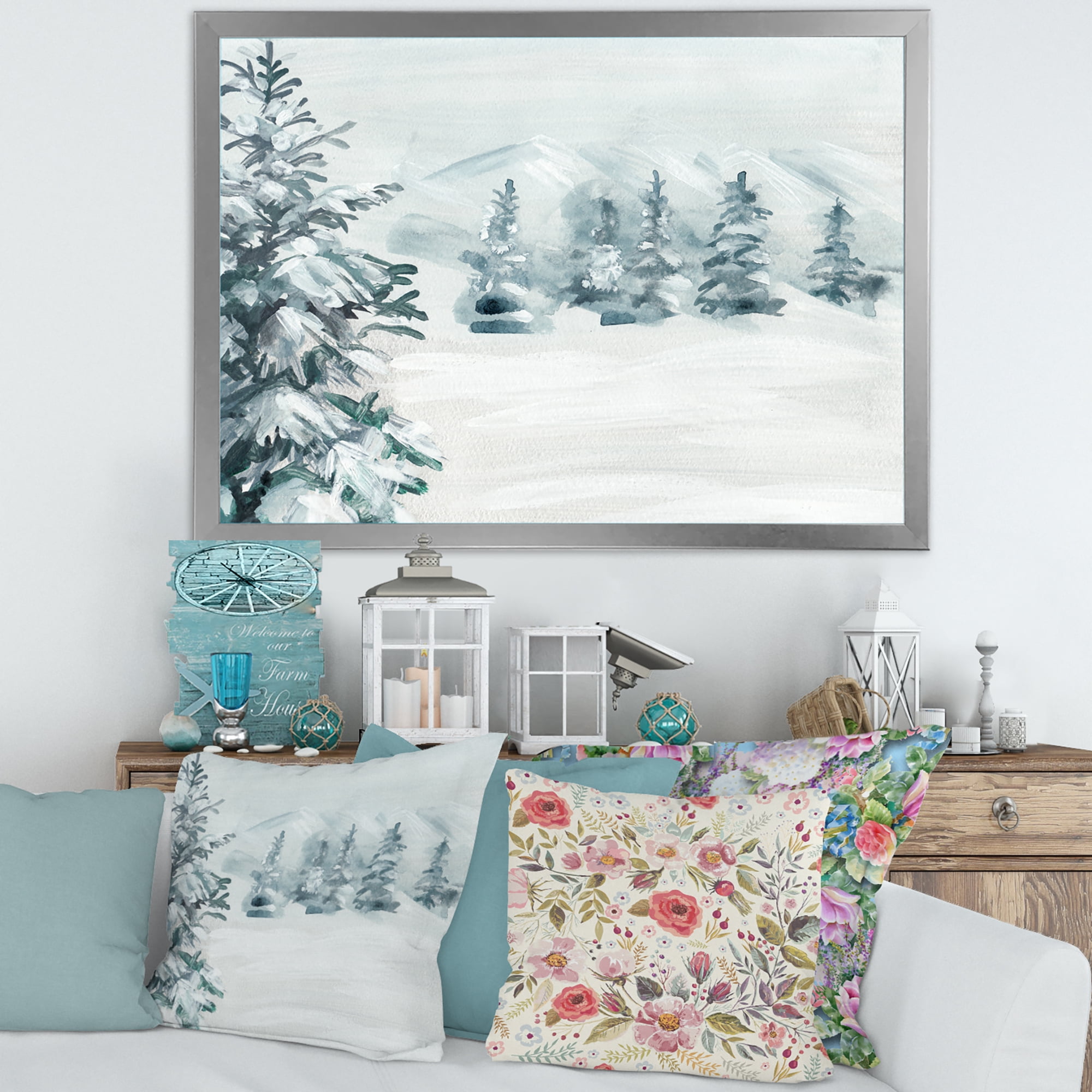 Designart 'Snowy Pine Trees On Mountain' Traditional Framed Art Print