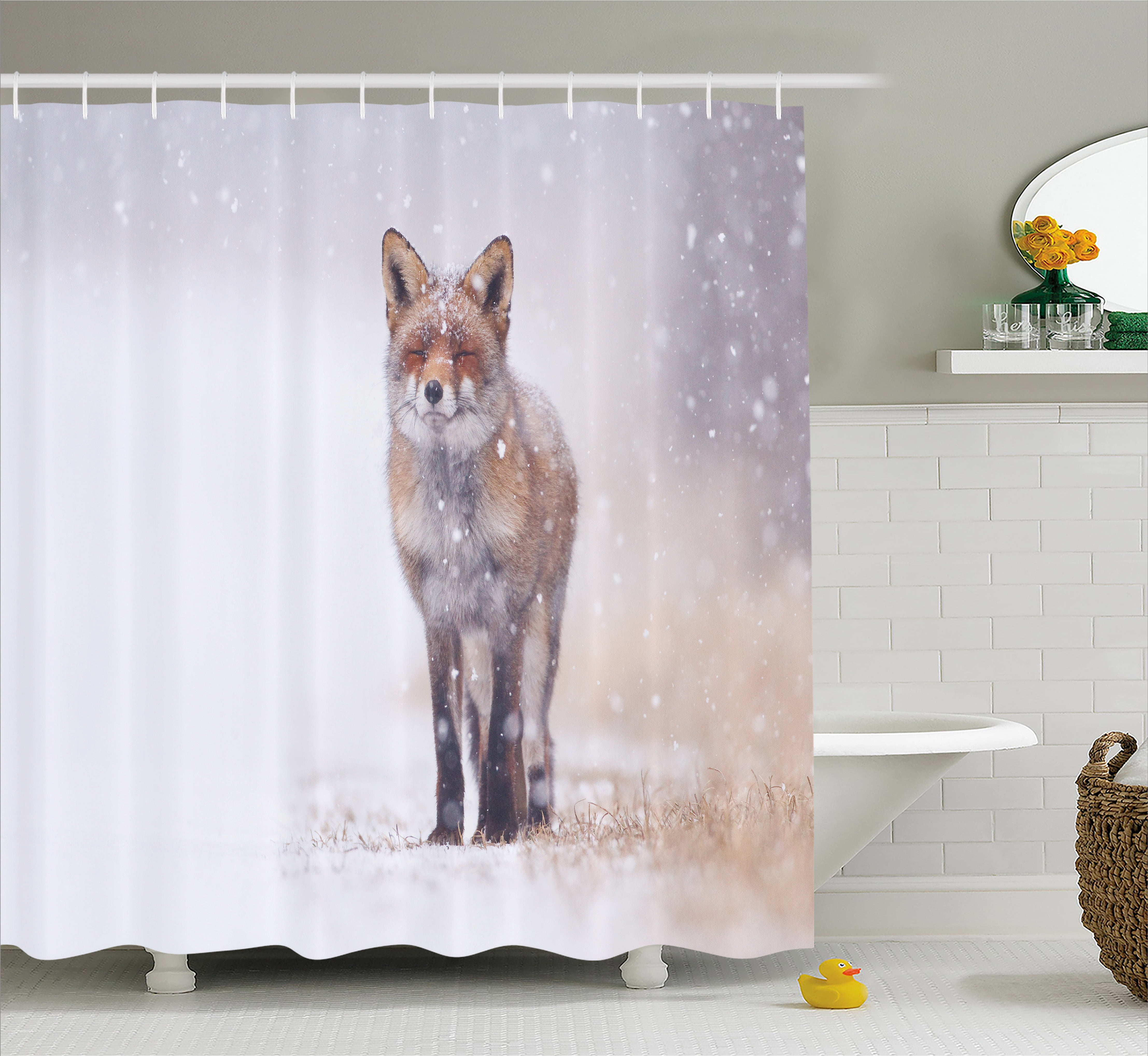 Fox Shower Curtain Red In Rural Environment Field Covered With Fox Shower Curtain Red In Rural Environment Field Covered With Snow Stormy Freezing Weather Image Fabric Bathroom Set Hooks Brown White