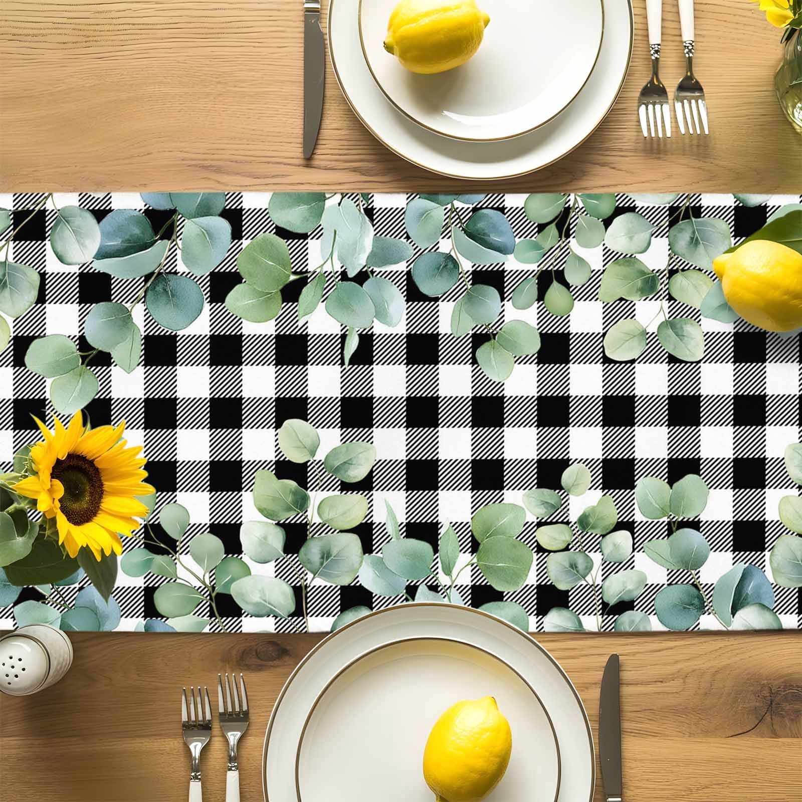 Farm Eucalyptus Leaves Table Runner 90 Inches Long, Geometric Black White Plaid Table Runners Tabletop Scarf Kitchen Dining Tables Decoration for Home Party Indoor Outdoor
