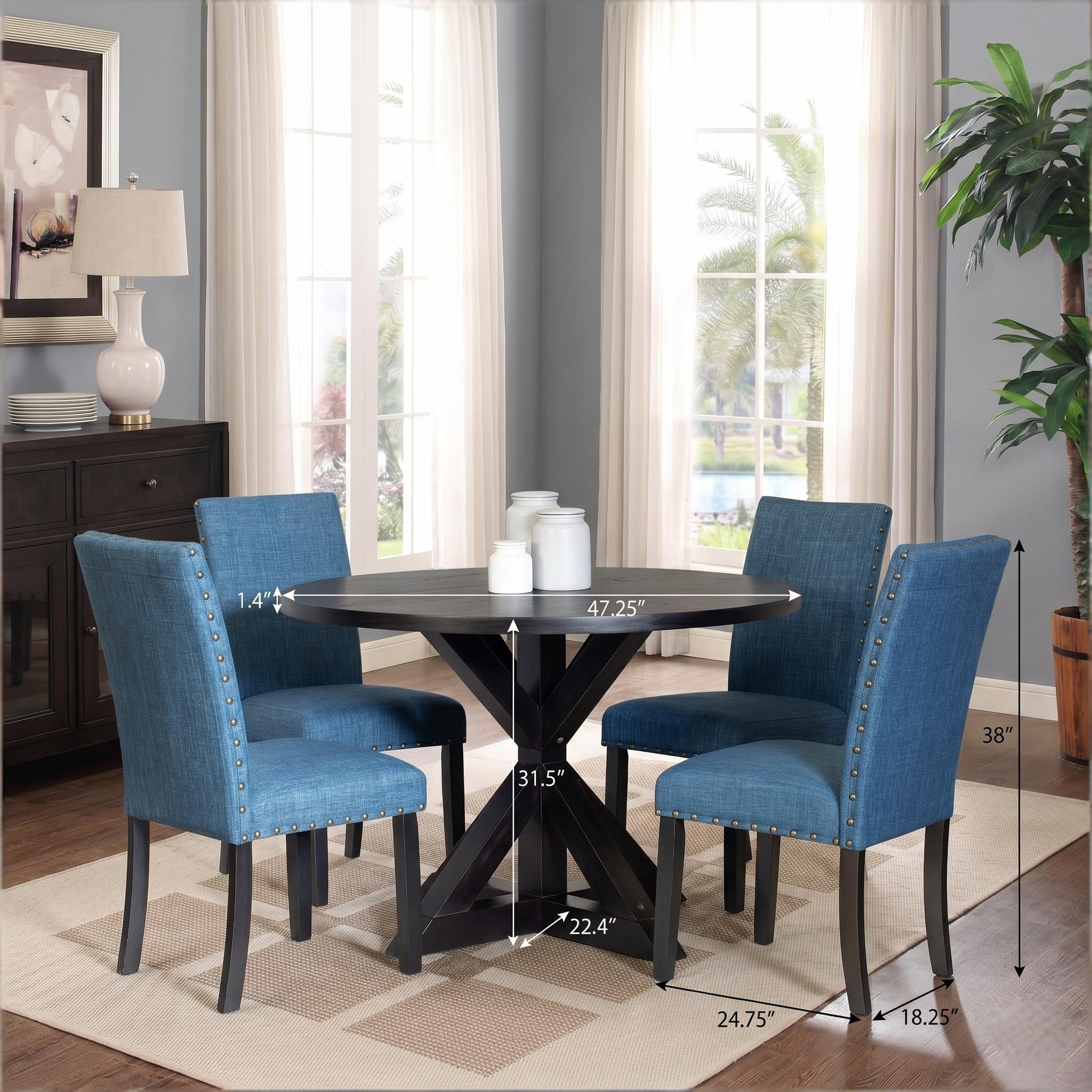 Howcool 5-Piece Round Cross-Buck Dining Table Set, Solid Rubberwood Base with 4 Velvet Upholstered Chic Chairs, Dark Black Finish for Kitchen & Dining Room