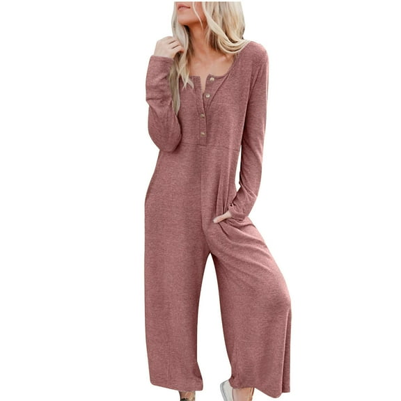 TMOYZQ Women's Waffle Knit Long Sleeve Buttons Onesie Pajama Jumpsuits Comfy Casual Loose Overalls One Piece Wide Leg Long Pants Rompers Loungewear with Pockets