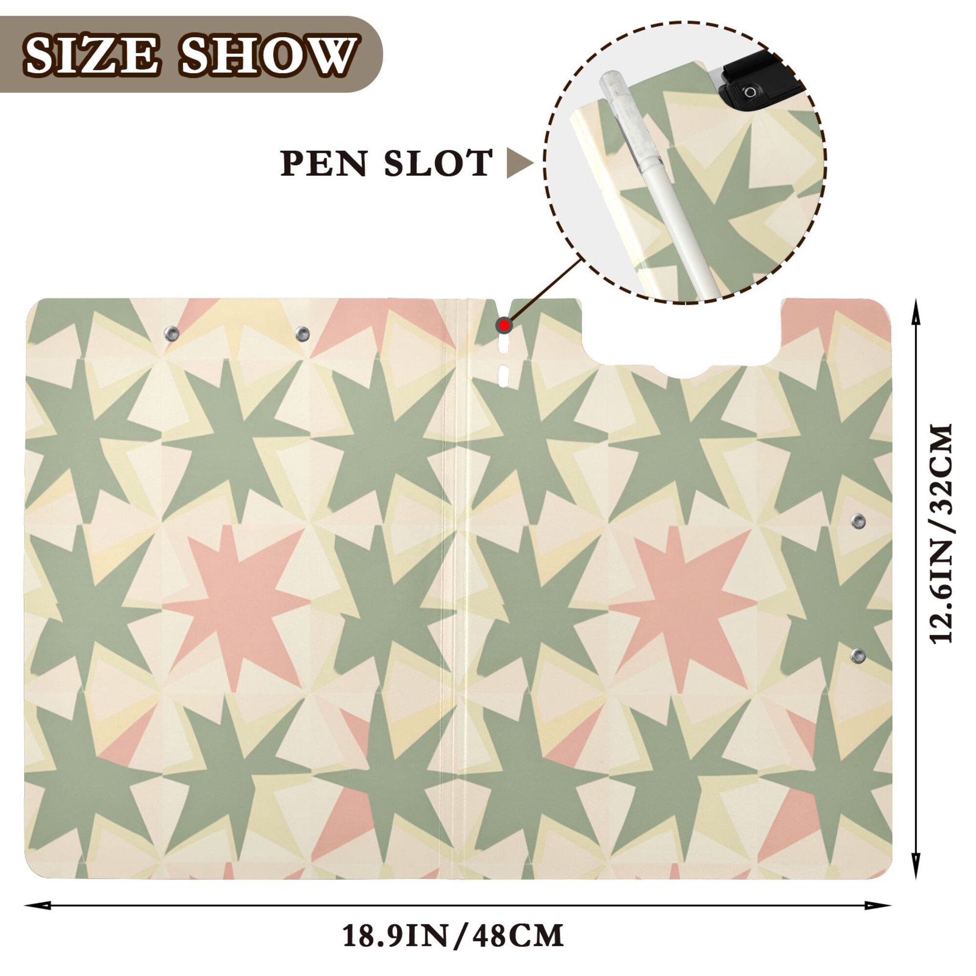FORMRS A4 Clipboard Folder with Pen Holder Horizontal Foldable School Office Binder, Pink and Green Geometric