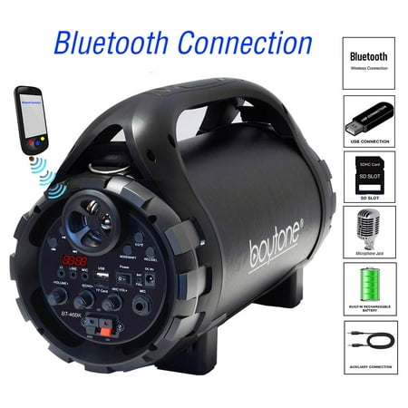 Boytone BT-46BK Portable Boombox Bluetooth Speaker, Indoor/Outdoor 2.1 Hi-Fi Cylinder Loud Power Speaker Built-in 5.25
