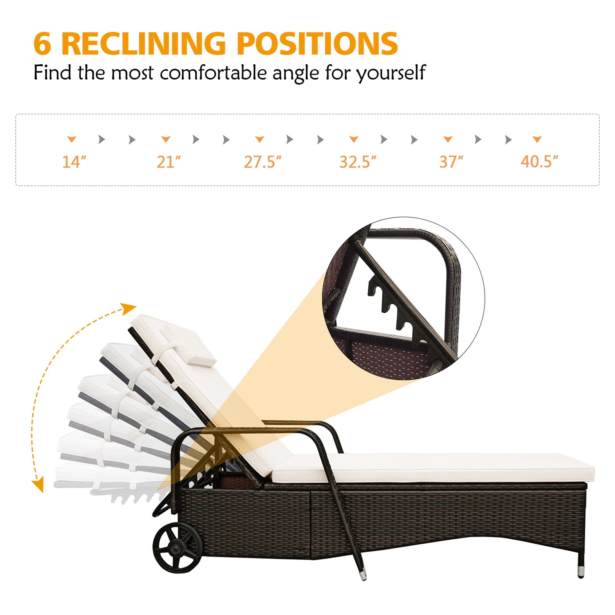 Gymax Fashion Cushioned Outdoor Wicker Chaise Lounge Chair w/ Wheel Adjustable Backrest