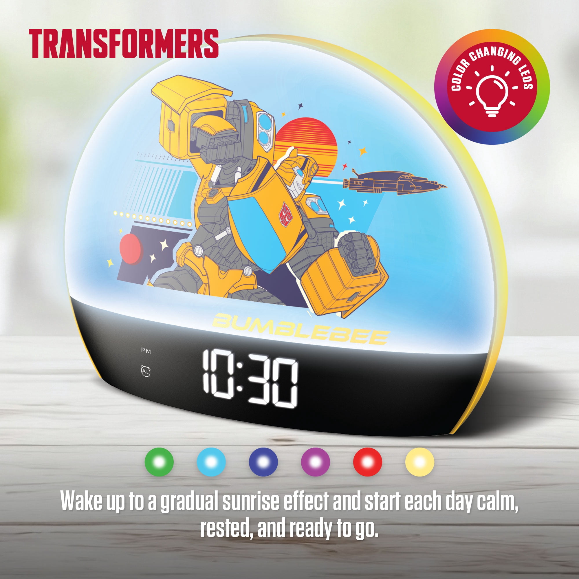Transformers Bumblebee Sunrise Alarm Clock Night Light, USB Powered Digital Clock with Color Changing LEDs, Built-In Alarm, Black and Yellow