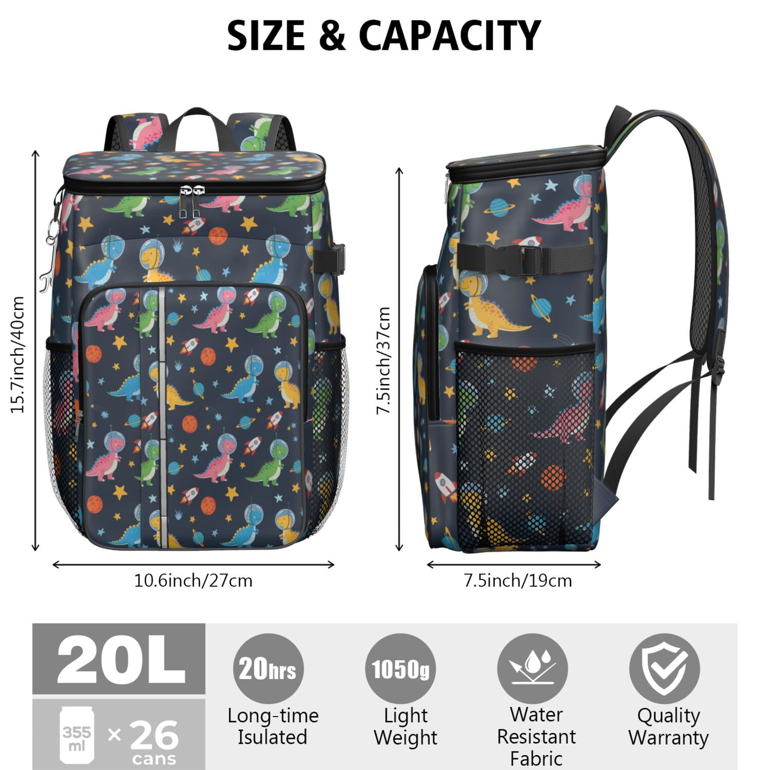 Travel Cooler Bag - Blue Cartoon Dinosaurs Rockets Pattern Camping Beer Cooler Backpack with Bottle Opener- Waterproof Insulated Picnic Backpacks - Cooler Bag for Beach