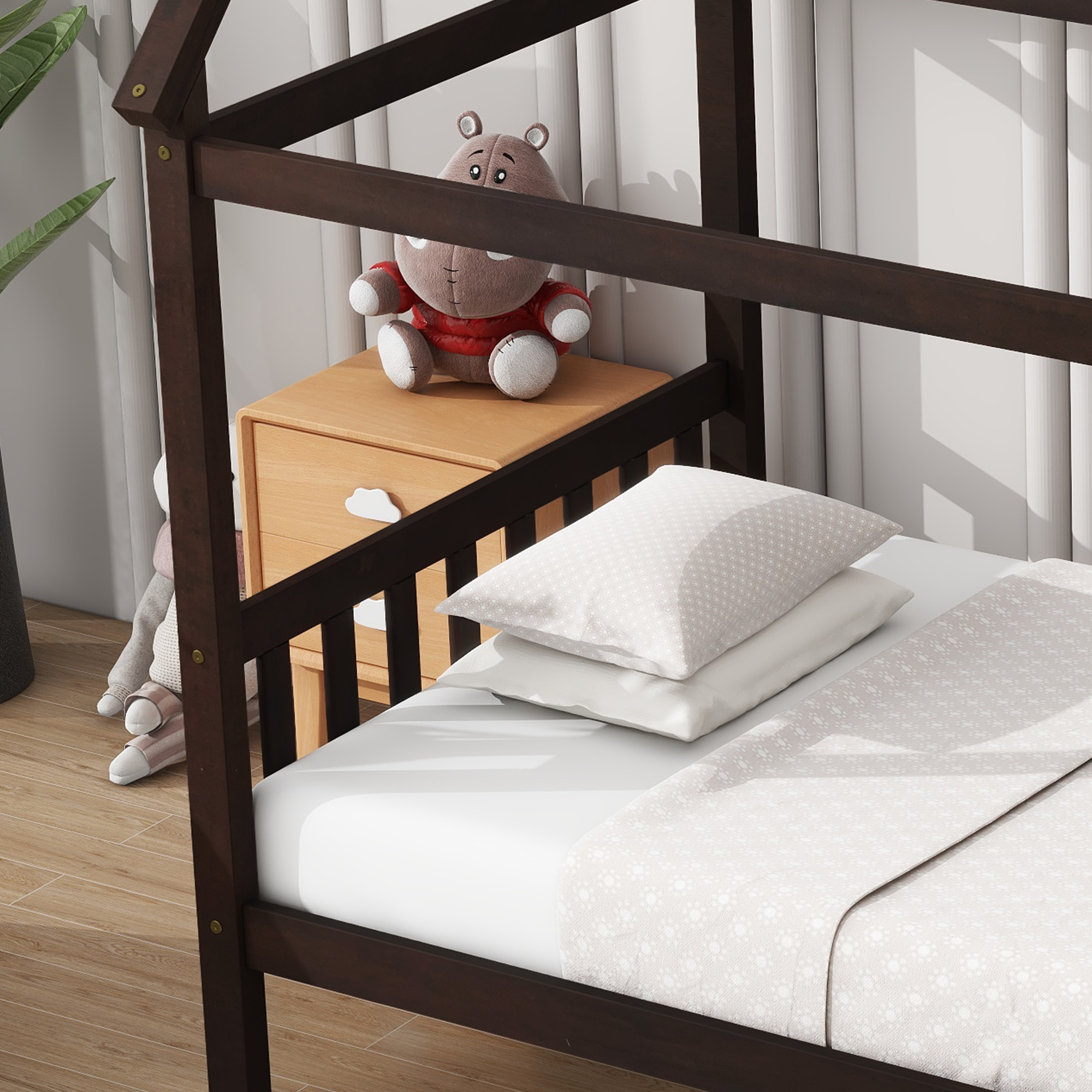 Miniyam Wood Twin Size Bed with House-shaped Design for Kids and Teens, Espresso