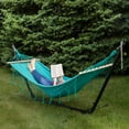 thumbnail image 2 of Northlight Hammock with Netted Fringe and Wooden Bars - 100" x 41" - Teal Green, 2 of 8