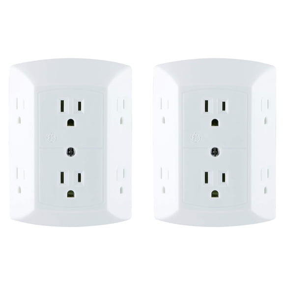 Outlet Extender GE, paquete de 2 grifos de pared con conexión a tierra, 6 salidas, color blanco
