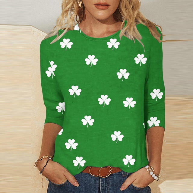 TaTaai Women's Casual Green Print Blouse Round Neck 3/4 Sleeve St. Patrick's Day T-Shirt Loose Fit Irish Holiday Spring Wear Gift