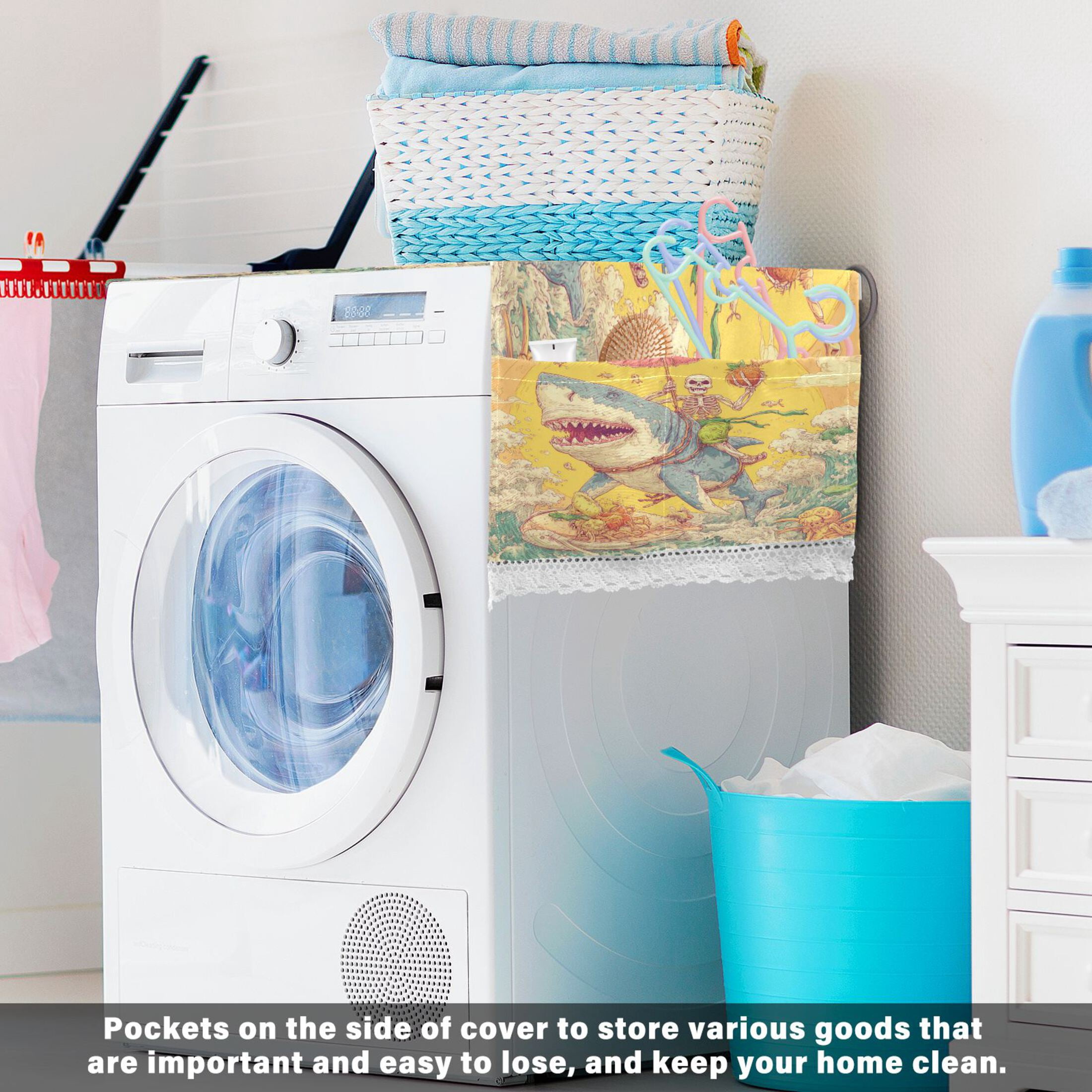 Wobogo Skull Surfing Washing Machine Cover Dustproof Washer Dryer Cover Waterproof Laundry Room Decorative Protector