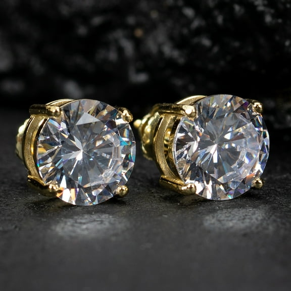 Large Brilliant 925 Sterling Silver 14K Yellow Gold Plated Round Unisex Iced Cz Men's Women's Circle Screw Back Cubic Zirconia Solitaire Stud Earrings