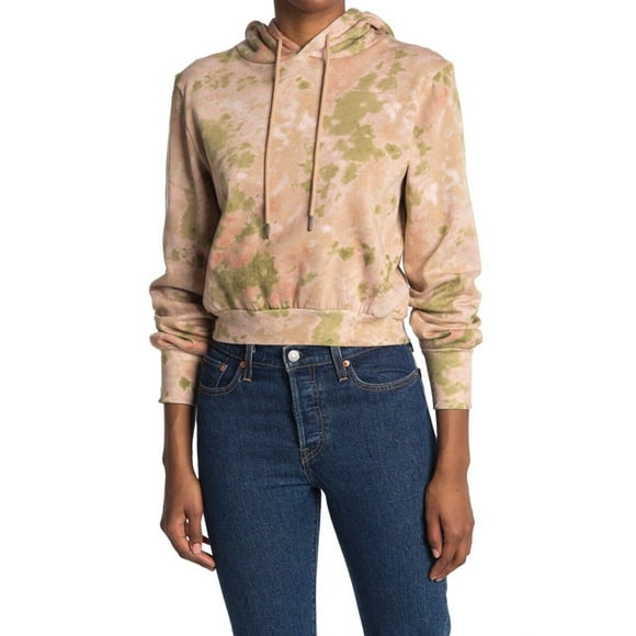 AFRM Cropped Long Sleeve Hoodie Sweatshirt In Camo Tie Dye Blush Olive Size M