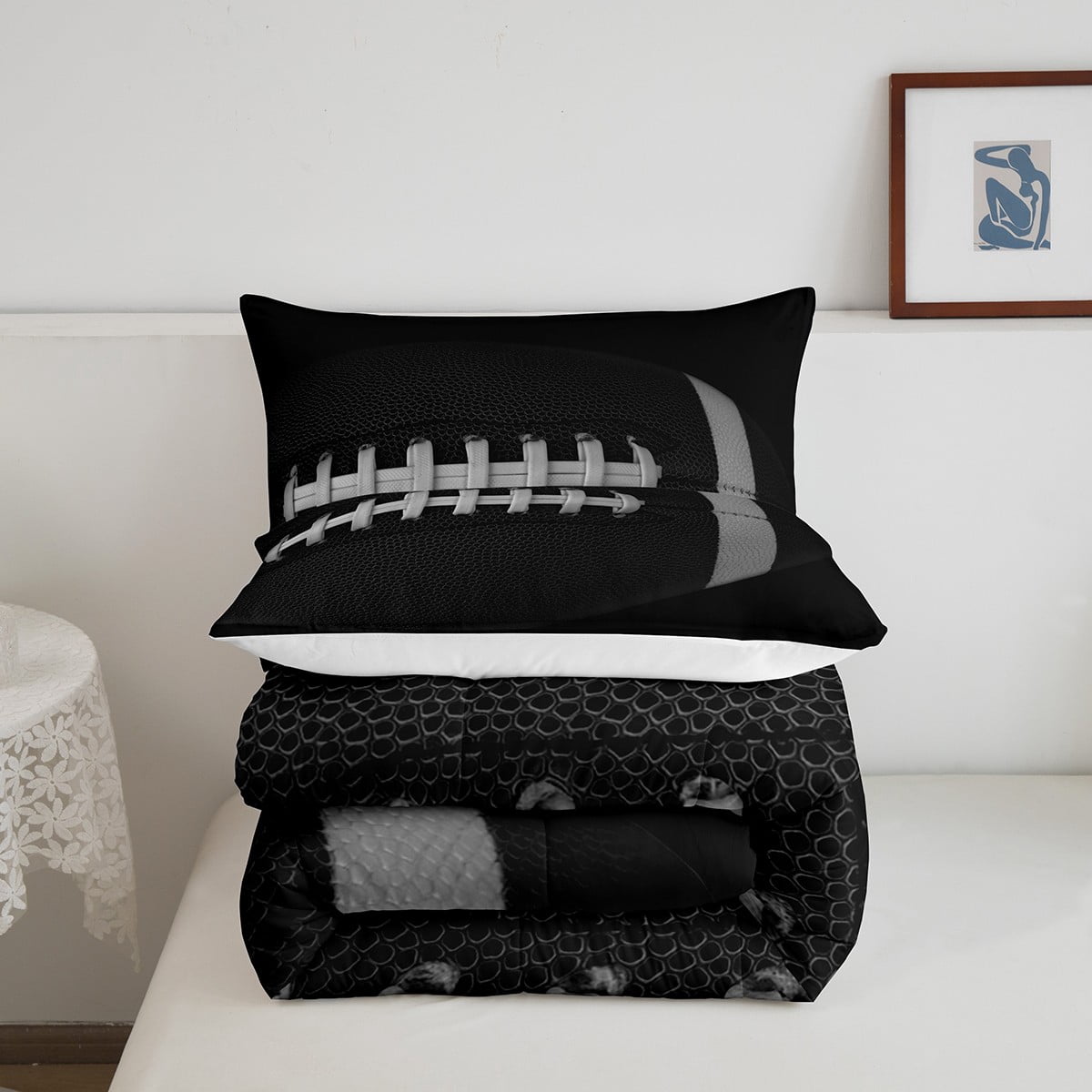 Erosebridal 3D Rugby Comforter Sets Twin Size, Black Grey Comforters & Duvets, Football Soccer Reversible Duvet Insert, Ultra Soft Bedroom Decoration, 2 Pieces