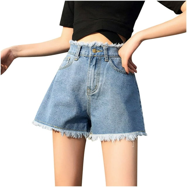 LOVZFMLL Shorts en Denim Taille Haute pour Femmes Couleur Unie avec Design à Franges Bleu Clair G