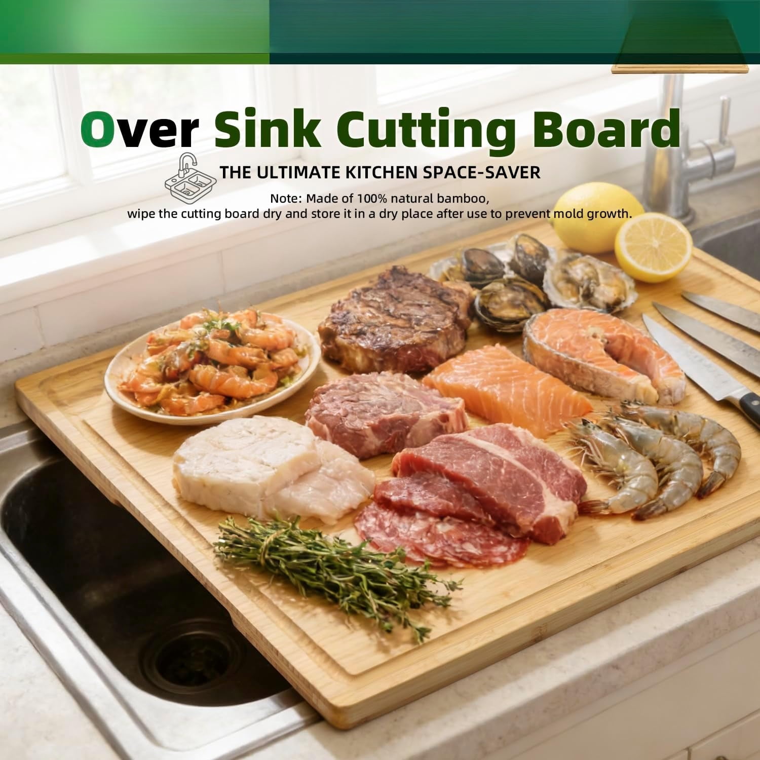 24x18 Inch Extra Large Bamboo Cutting Board with Detachable Front Lip & Backsplash - Reversible Over The Sink Board, Pasta Maker, Pastry & Carving Board for Home Kitchen