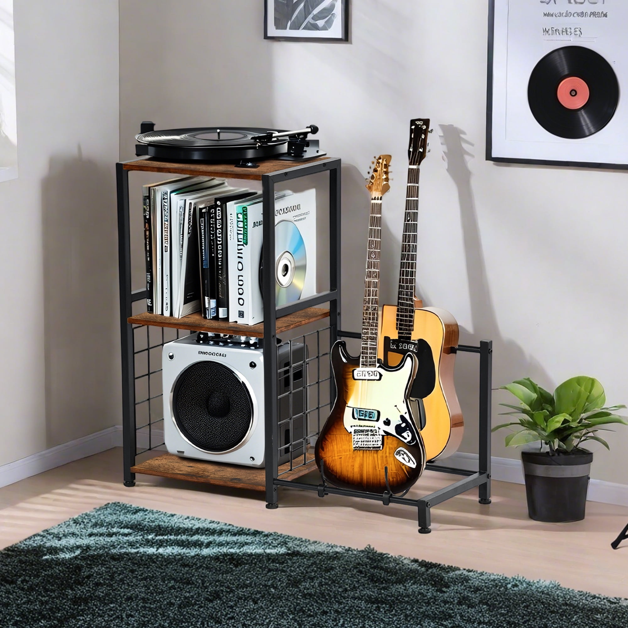 Auto Beyond Side Table with Guitar Rack, Turntable Stand, Vinyl Record Storage, Two-Tier Acoustic Guitar Rack, Music Studio Turntable Stand - Brown