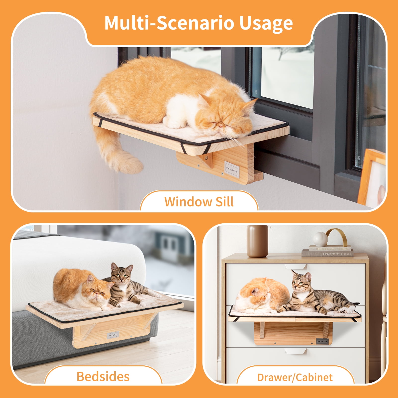 PETSFIT 2 Cats Design Window Perch, Cat Hammock Window Seat with Natural Wood &Removable Fleece Mat for Large Cats, Easy to Adjust&Assemble Cat Bed for Windowsill, Bedside and Drawer
