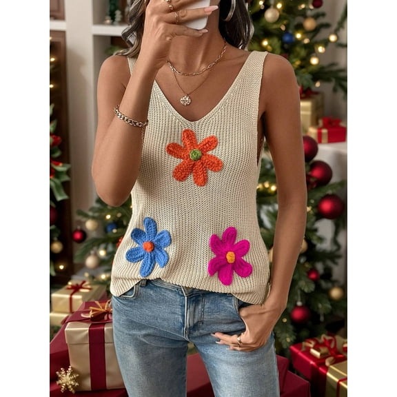 Spring Womens Knite Vest Top V-Neck Loose Sweater Casual Summer Clothes Apricot M